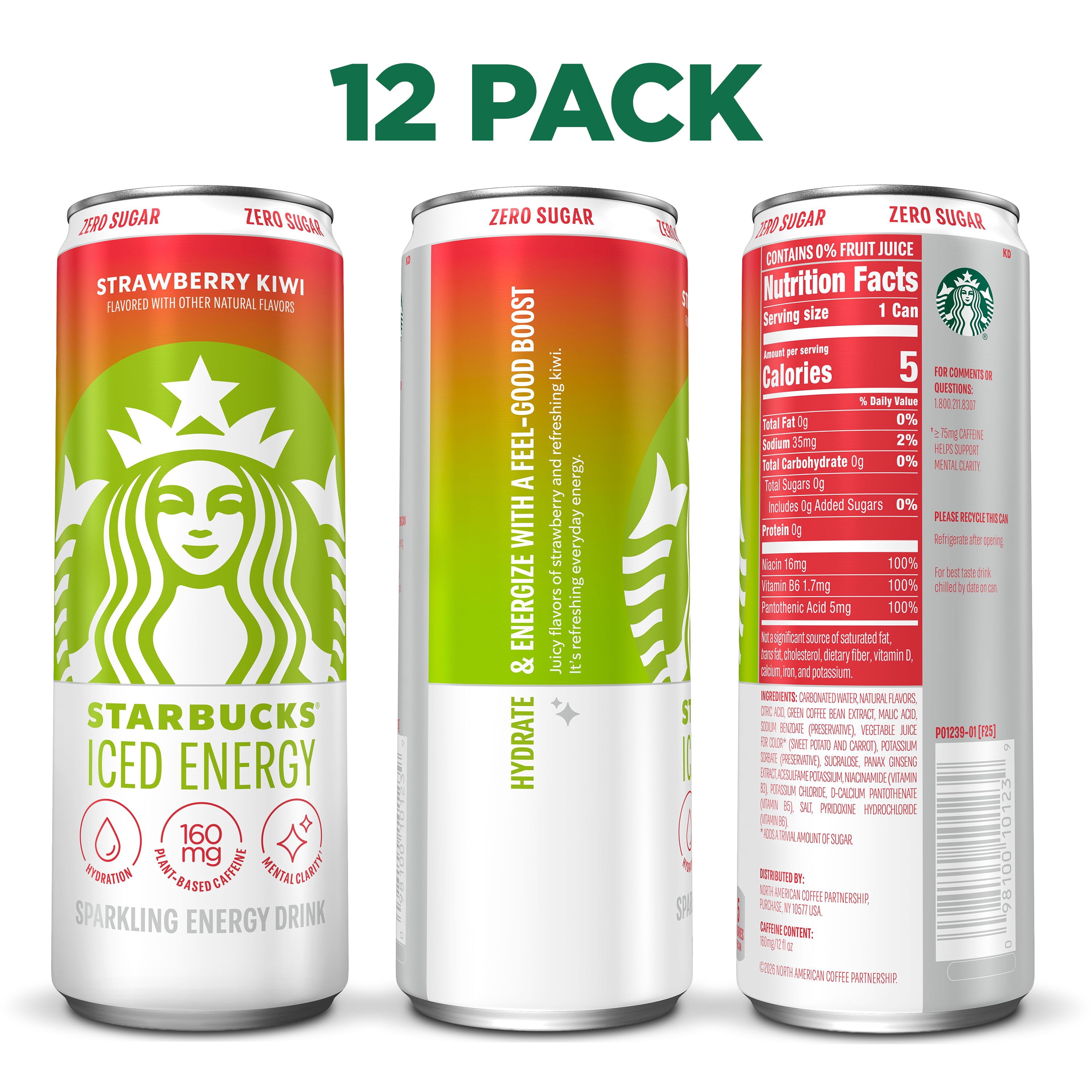 Starbucks Iced Energy Drink, Strawberry Kiwi, Zero Sugar Energy Drink, 12 oz Cans, pack of 12