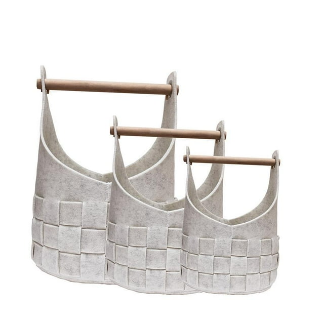 Jessar - Set of 3 Braided Felt Storage Baskets with Wood Handles, White