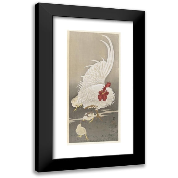 Ohara Koson 8x14 Black Modern Framed Museum Art Print Titled - Rooster and Three Chicks (1900 - 1910)