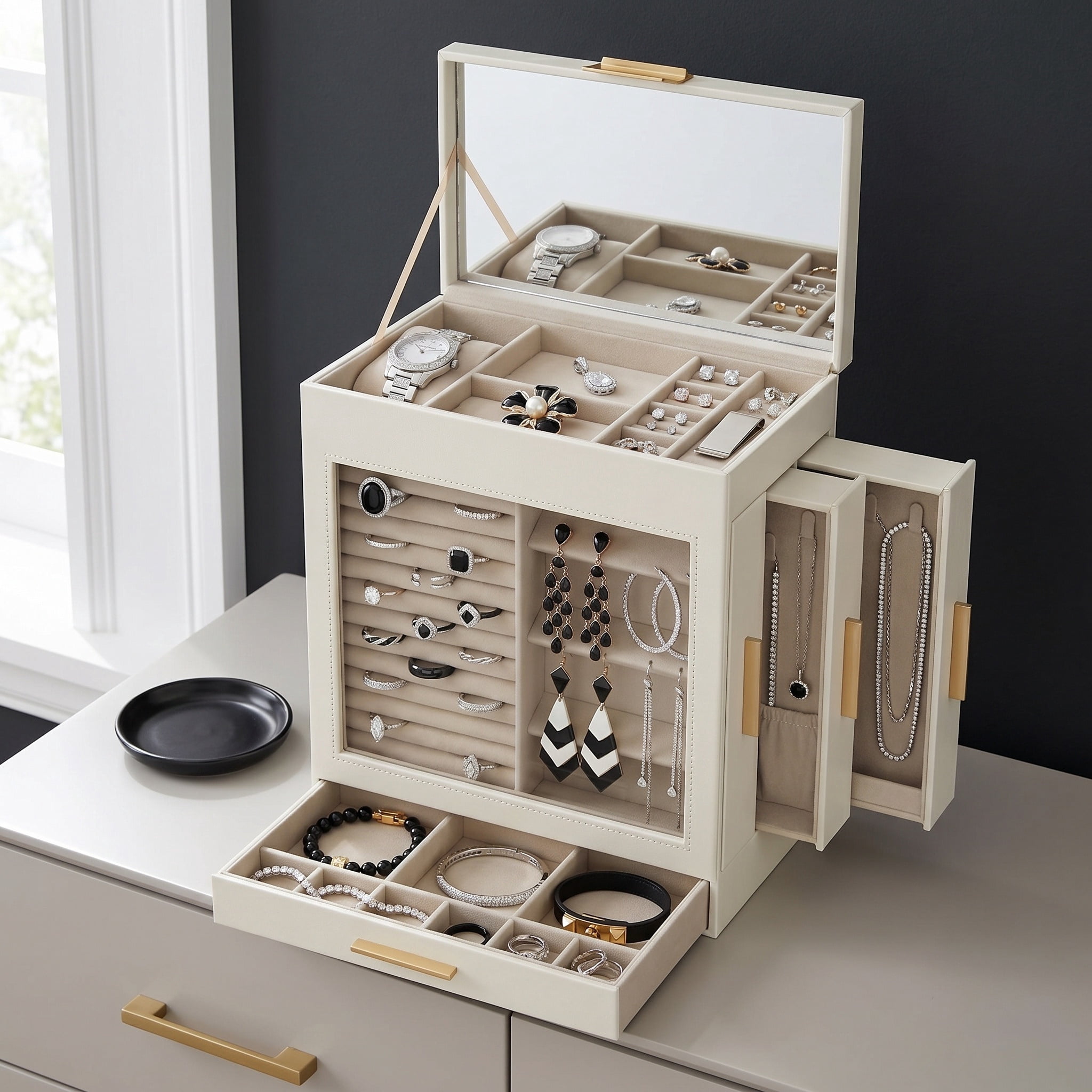 Nordic Hygge5-Layer Modern Jewelry Box with Glass Window & Side Drawers, Cloud White & Gold