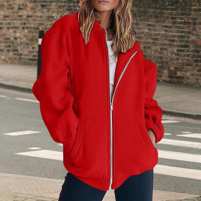 IMENGL Sweatshirt jacket long sleeve solid color, Red M, Size M-3XL