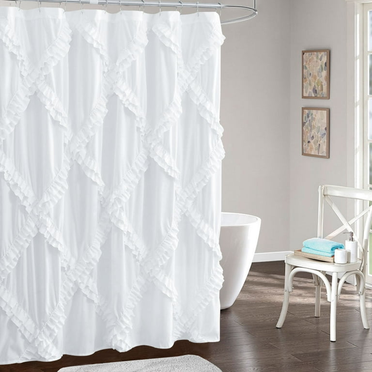 HIG Shabby Chic Double Ruffle Shower Curtain, Brushed Microfiber, White, 72  x 72 