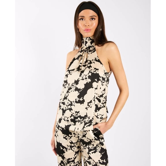 Black and Ivory Printed Halter Neck Top