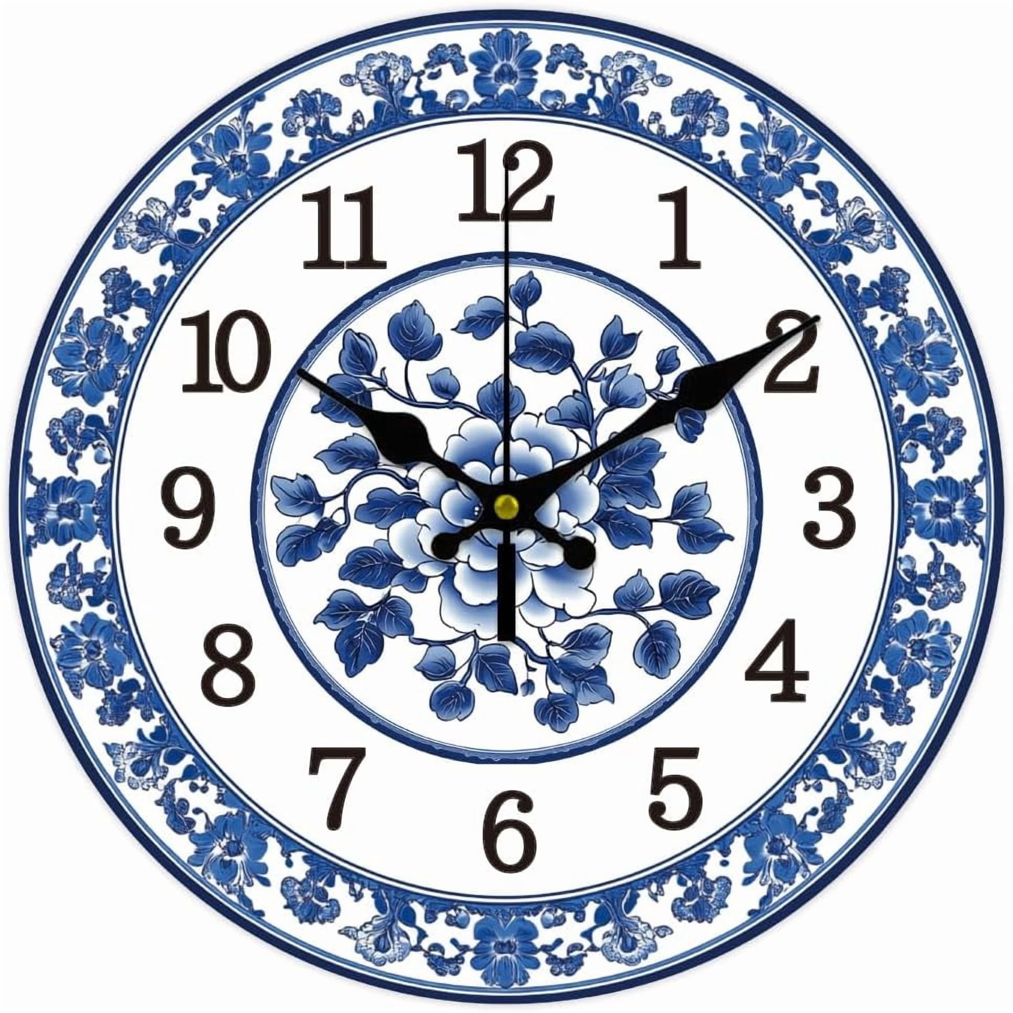 1 pc 12inch Blue and White Porcelain Wall Clock Battery Operated Silent Non Ticking Flowers Round Decorative Clock for Office Home Kitchen Decor