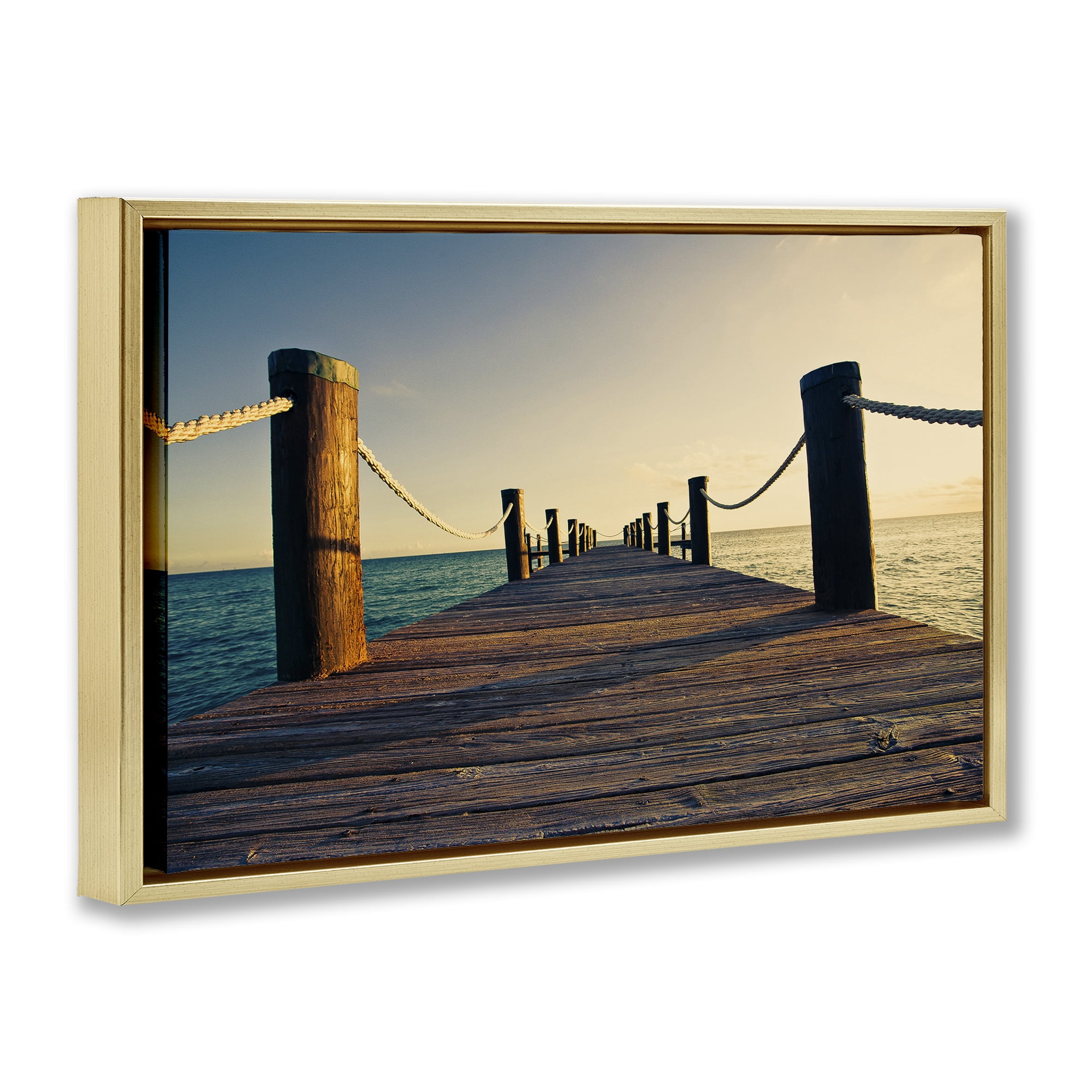 Stupell Industries Summer Coastal Dock Coastal Photography Gold Floater Framed Canvas Art Print Wall Art, 25 x 17