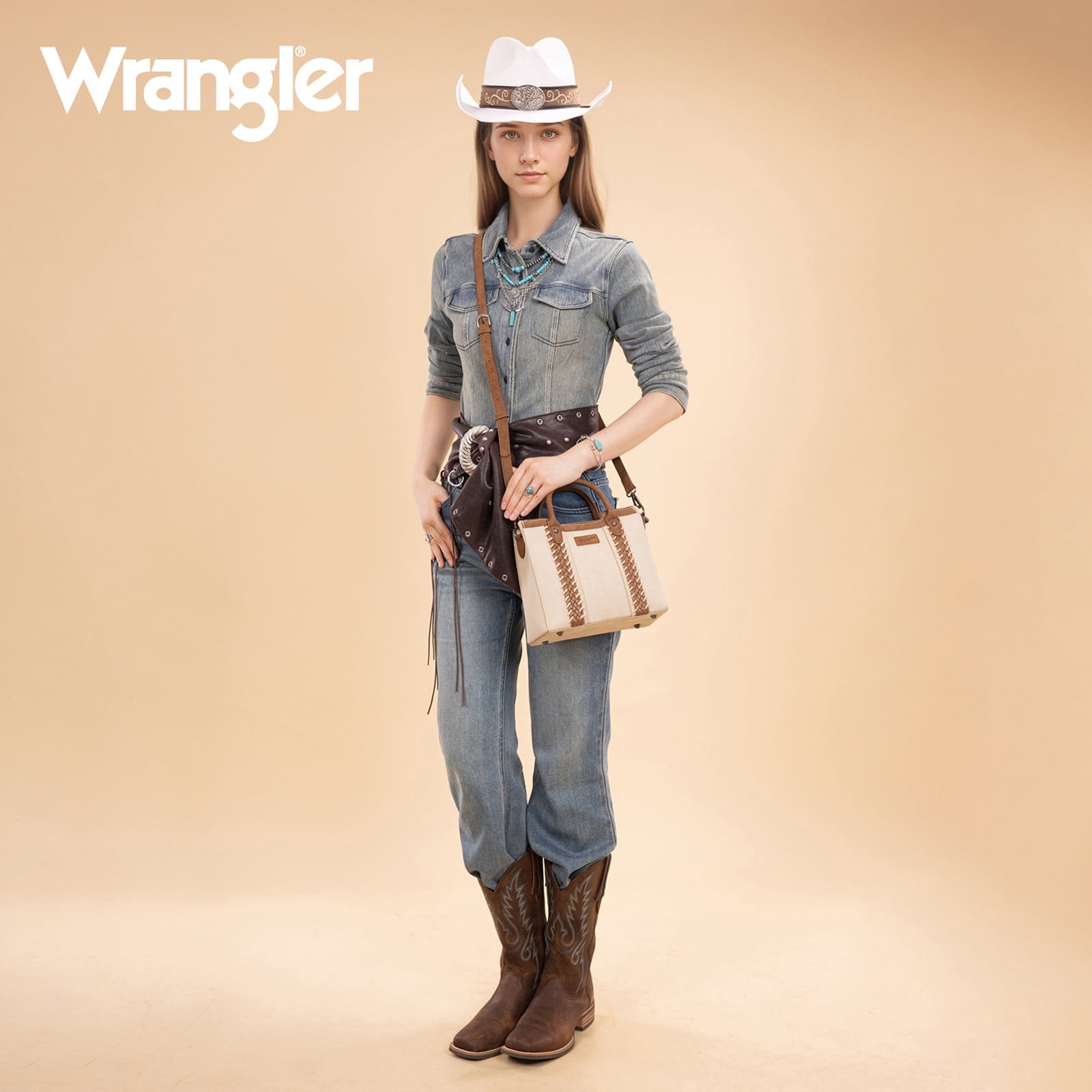 Wrangler Womens Braided Tote Bag Western Style Suede Top Handle Handbag With Detachable Crossbody Strap, Beige