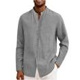 thumbnail image 2 of BiZtdJrK Mens Button Down Linen Tops Stand Collar Long Sleeve Solid Color Work Shirt Vacation Beach Summer Outfits, Gray, XL, 2 of 7