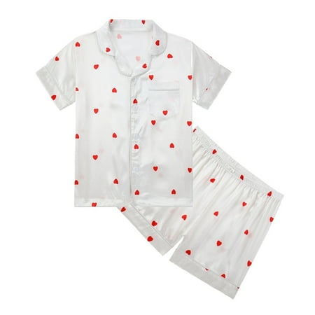 

Little Kids Girls Nightclothes Cartoon Printed Turn-Down Collar Short Sleeve Spring Summer Outfits Pajamas Clothes Comfortable Soft Cozy Homewear