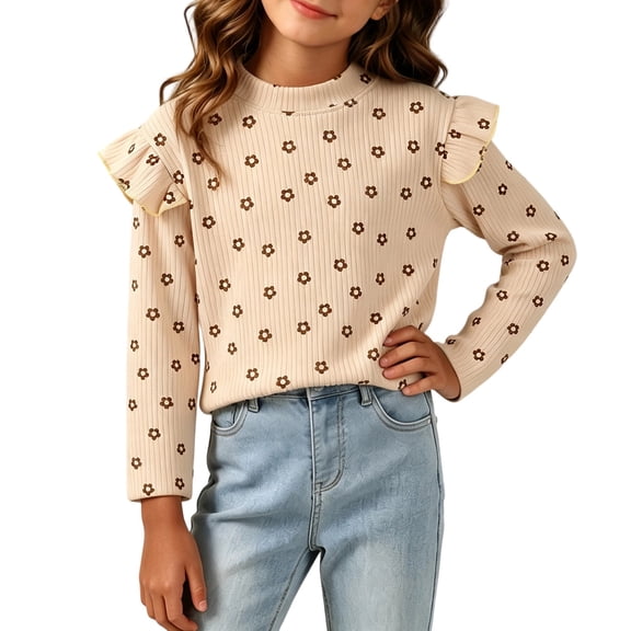 Xdegoge Toddler Kids Girls Ruffle Long Sleeve Shirts Mock Neck Floral Print Ribbed Knit Pullover Tops Casual Fall Basic Tees, Size 2-3T