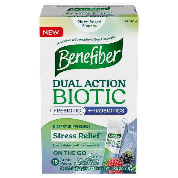 Benefiber Dual Action Biotic Prebiotic and Probiotic Fiber Supplement for Stress Relief, 18 Count Stick Packs