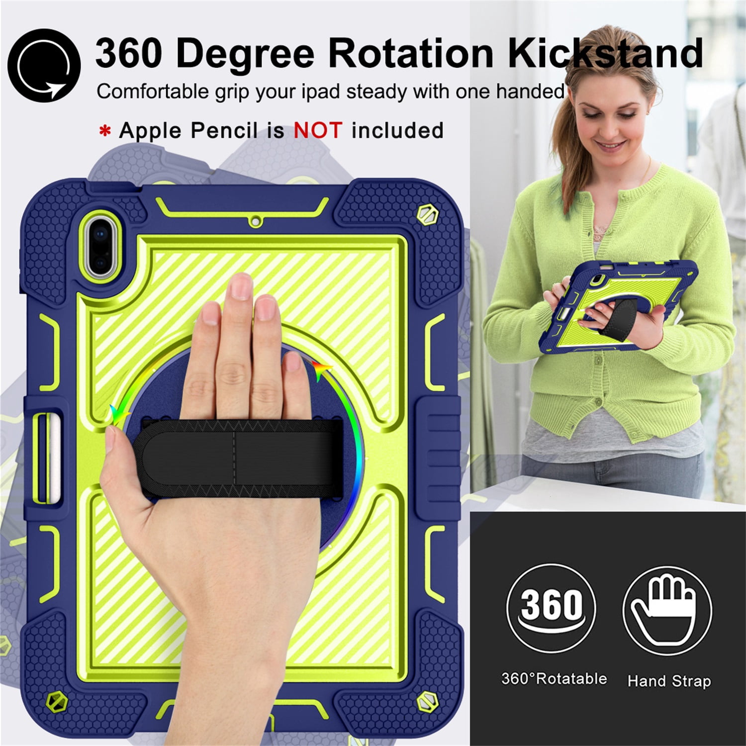 Tarise Case for Apple iPad 10th Generation 10.9 inch (2022), 360° Rotating Kickstand with Pencil Holder/ Hand Strap/ Shoulder Strap Hard PC Rugged Silicone Shockproof Stand Cover, Navy + Yellow Green