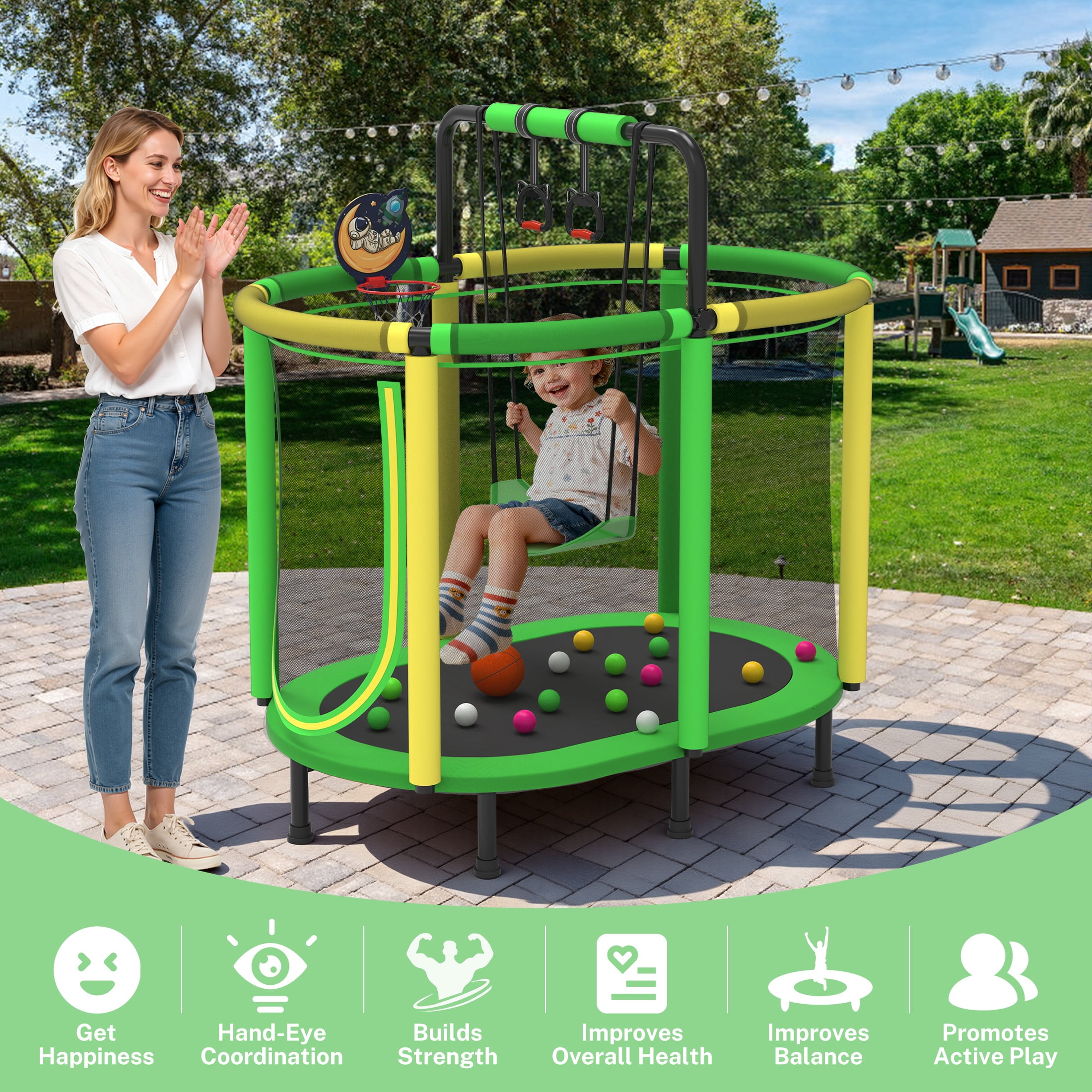 60" Toddler Trampoline with Safety Enclosure Net, SEGMART Upgraded Kids Trampoline with Basketball Hoop, Swing, Rings, Balls, Indoor Outdoor Mini Trampoline Birthday Gift for Kids Ages 3-9