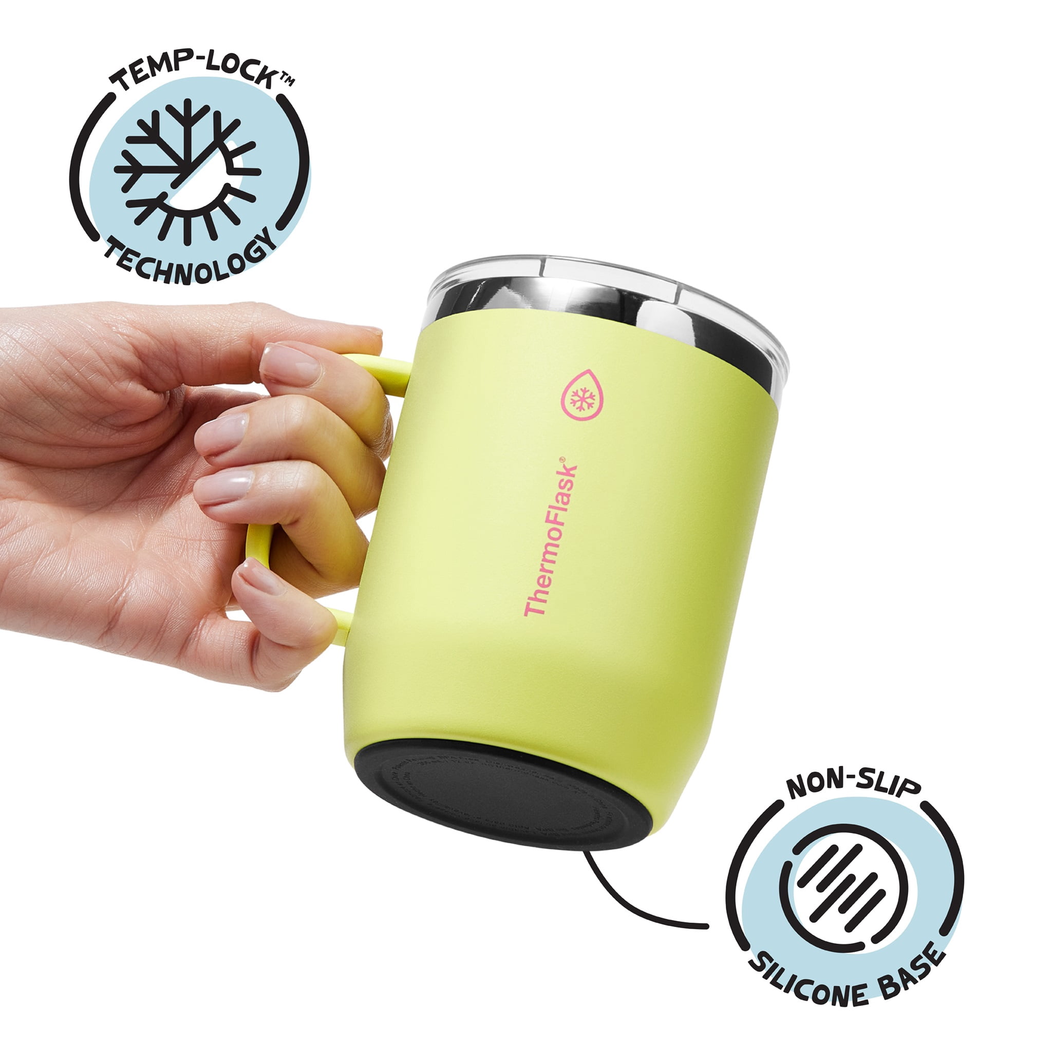 ThermoFlask Drinkware 12 oz Coffee Mug - Double-Wall Insulated for Hot & Cold Drinks - Lightweight & Simple with Innovative Press In Slider Lid - Modern & Durable - Unmellow Yellow