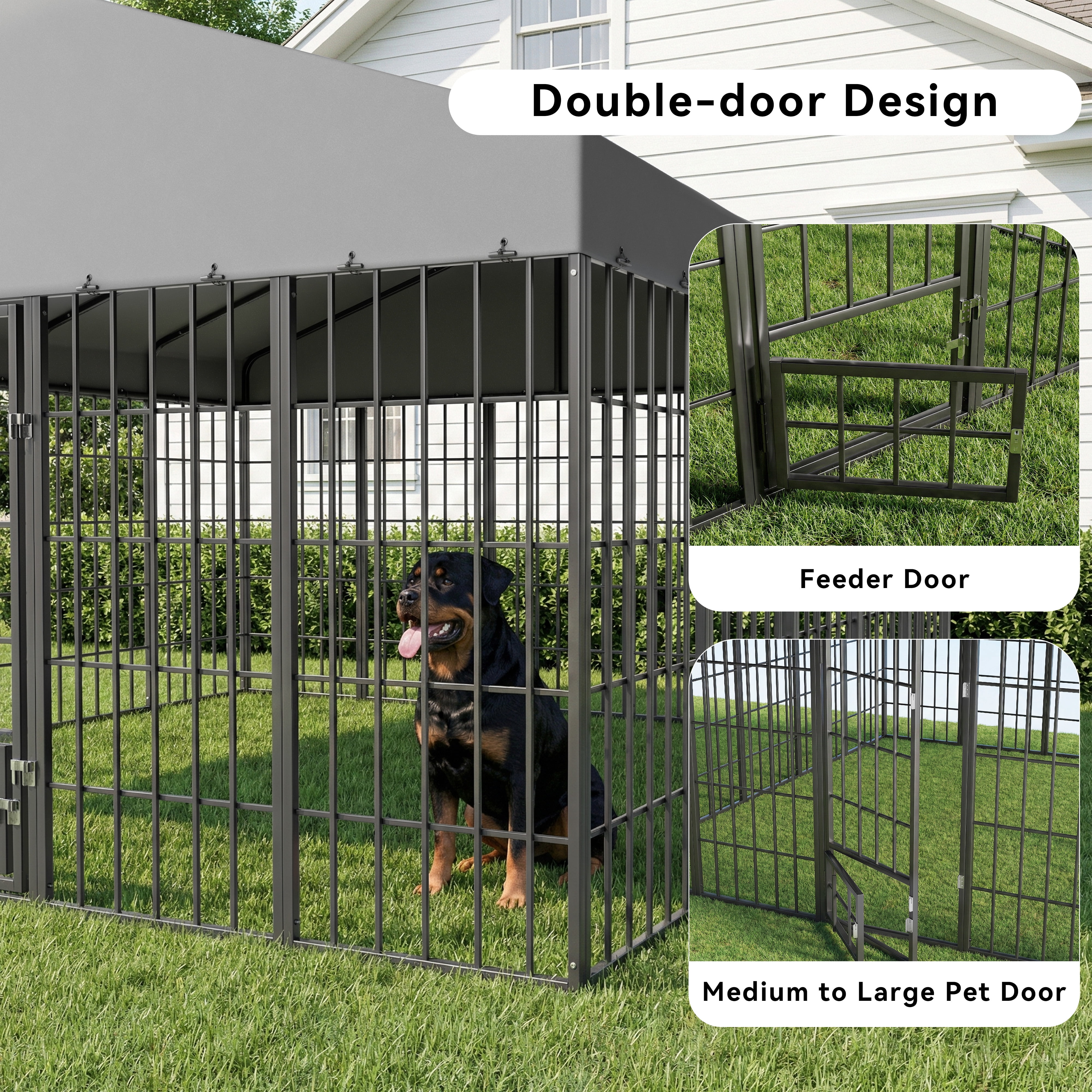 ALAULM Large Outdoor Dog Kennel,10x10FT Heavy-Duty Modular Dog Cage with Roof Dog Pens Outside with Double Doors & Weatherproof Cover Dog Enclosure for Patio,Garden