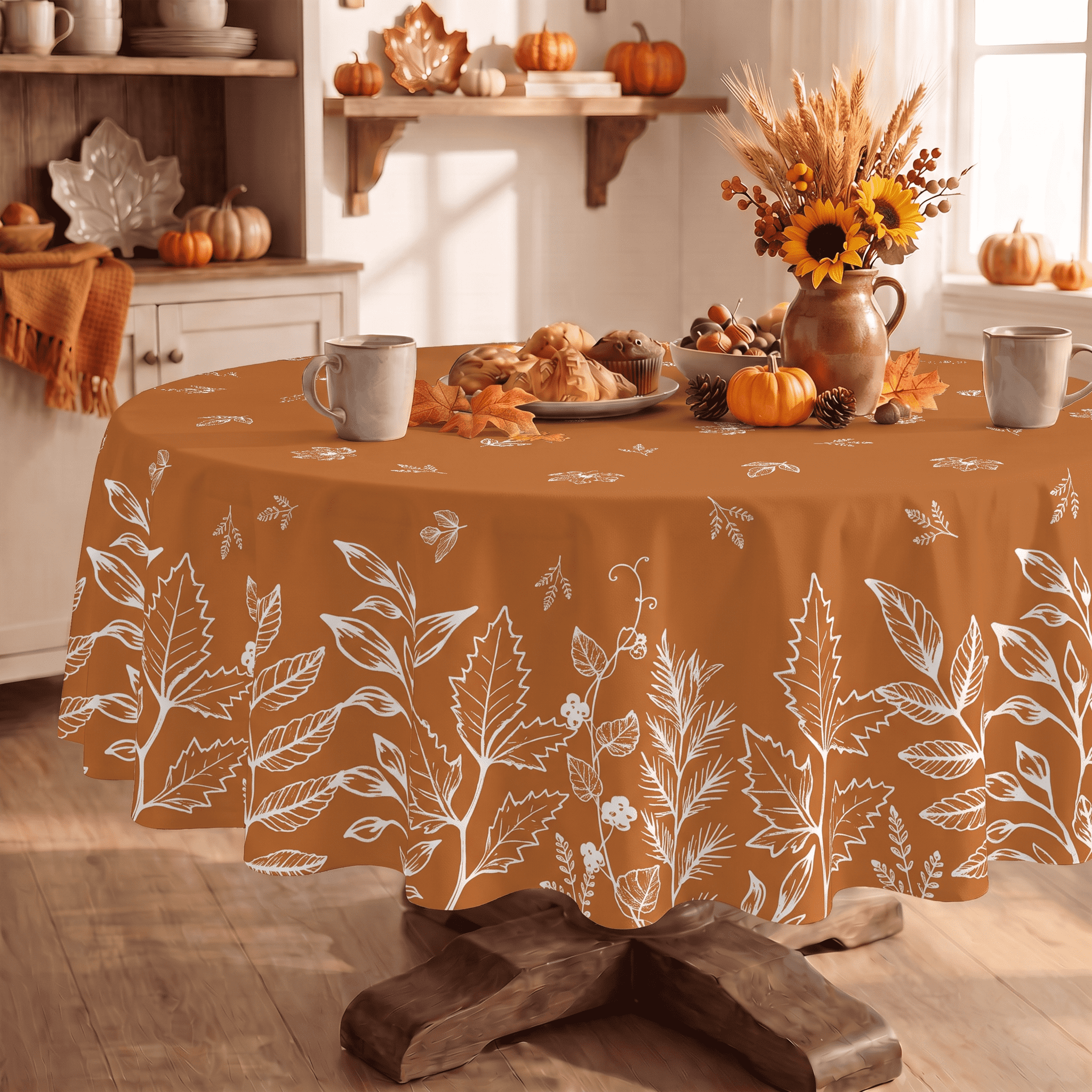 Sm:)e Fall Orange Round Tablecloth with Leaves, 70 Inch photo 4
