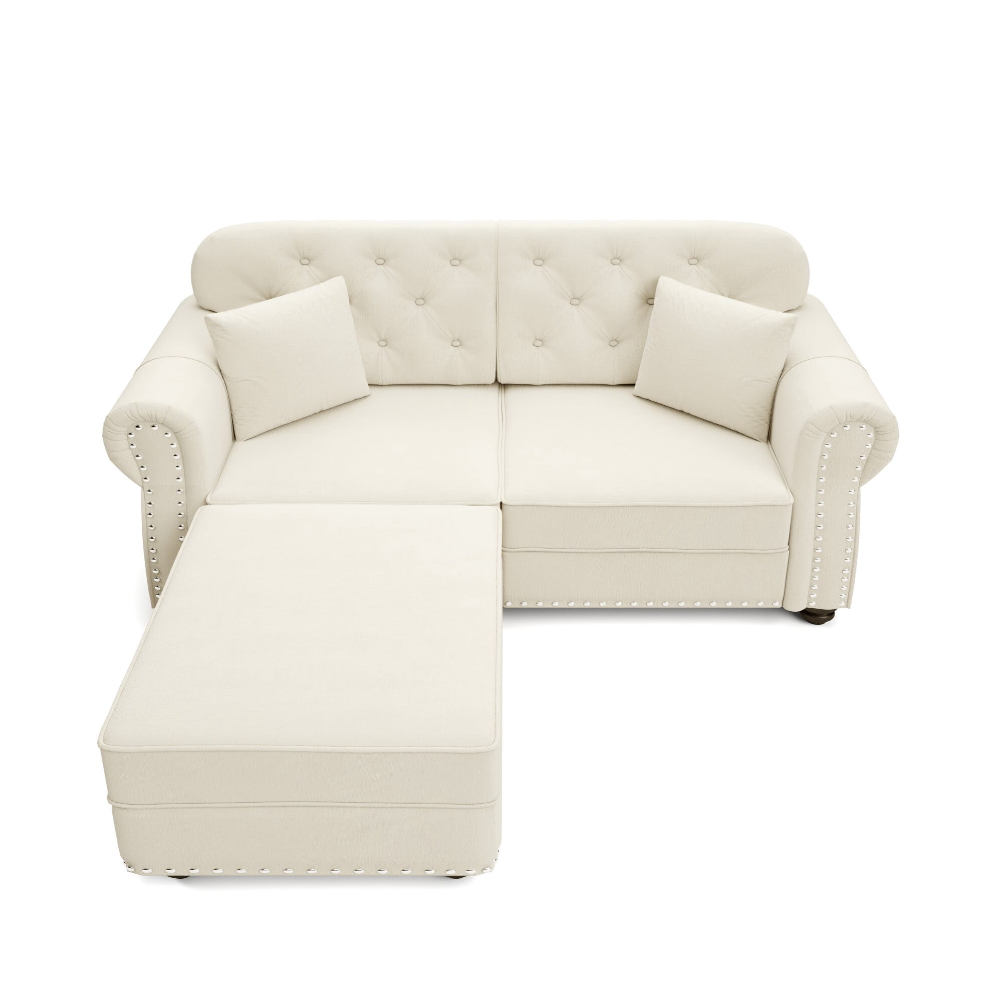 DEALTOPS 63 Inch Reversible Chesterfield Velvet Sectional Sofa with Ottoman, Tufted Nailhead Trim, Beige