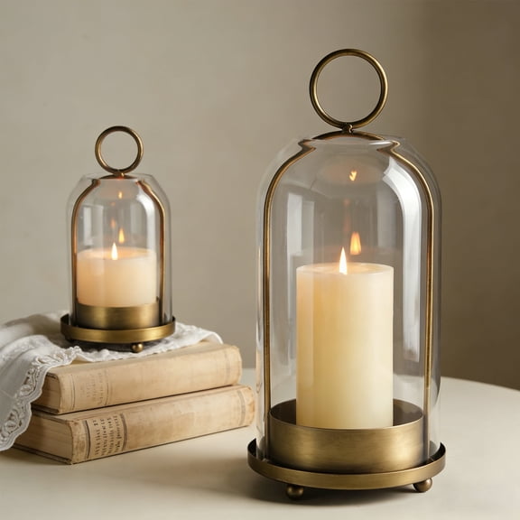 Glasseam Set of 2 Vintage Bronze Glass Hurricane Lantern: Metal Candle Holders with Dome for Farmhouse Table Centerpiece Mantel Fireplace Patio Indoor Outdoor Decor