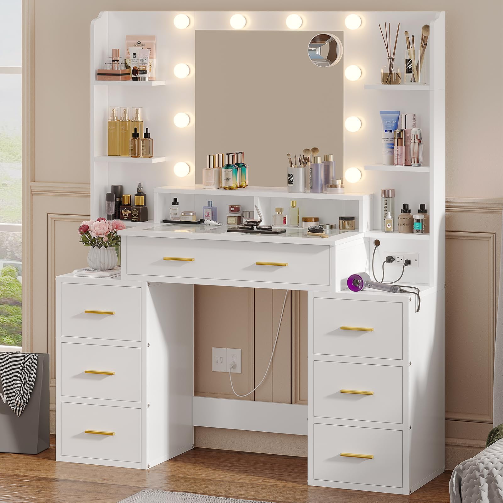 White Makeup Vanity Desk Table with Mirror and LED Lights 8 Drawers Charging Station 10x Magnifying Mirror Modern Vanity Desk for Bedroom