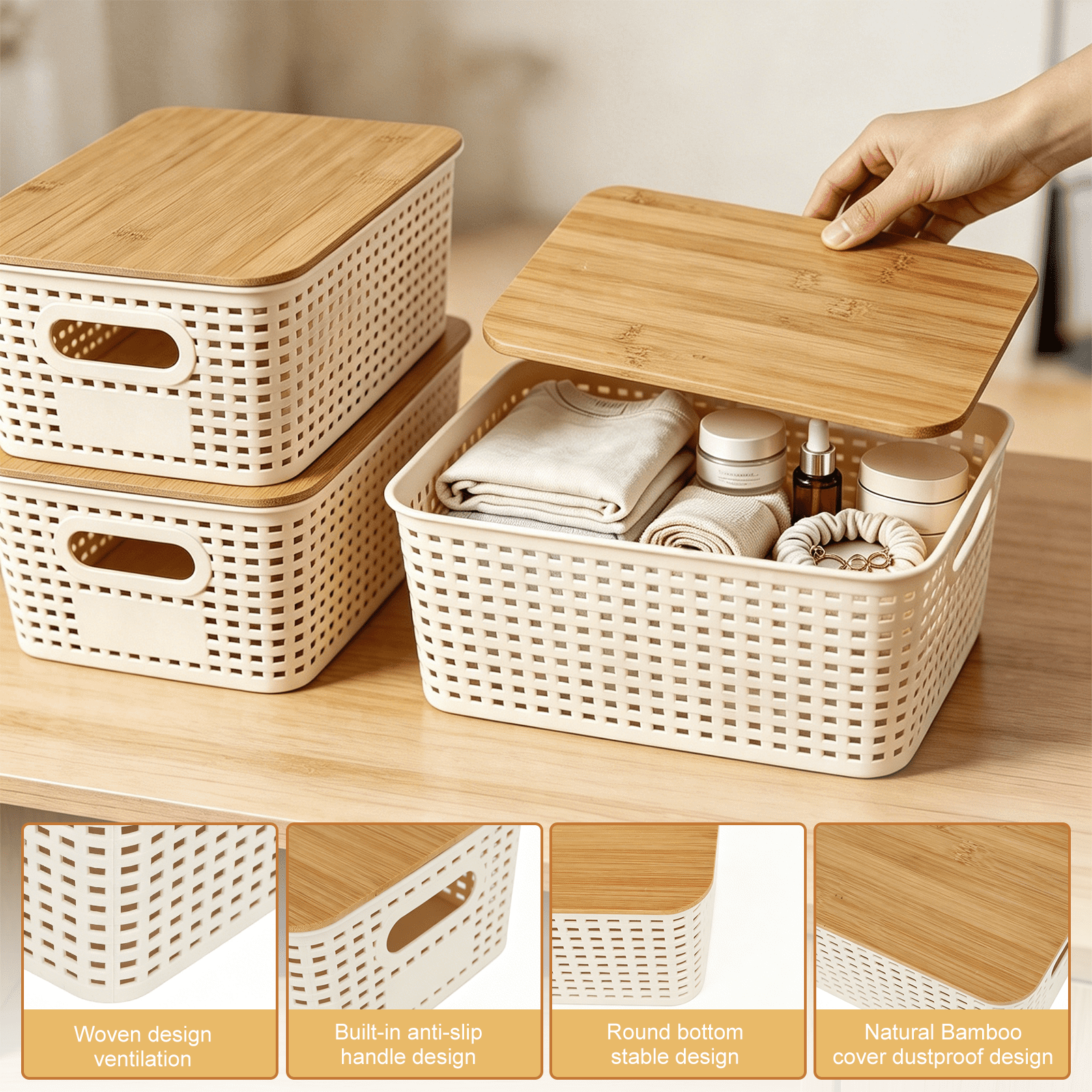 6 Pack Stackable Plastic Storage Baskets with Bamboo Lids, Storage Containers for Organizing Shelves, Drawers, Desktop, Closet, Office & Classroom, Includes Labels & Pen