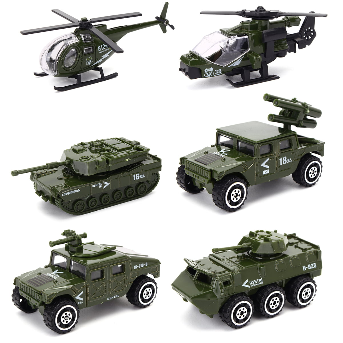 6Pcs Military Army Car Air Force Tank Helicopter Gun Truck Diecast Toy Kids 1:64 