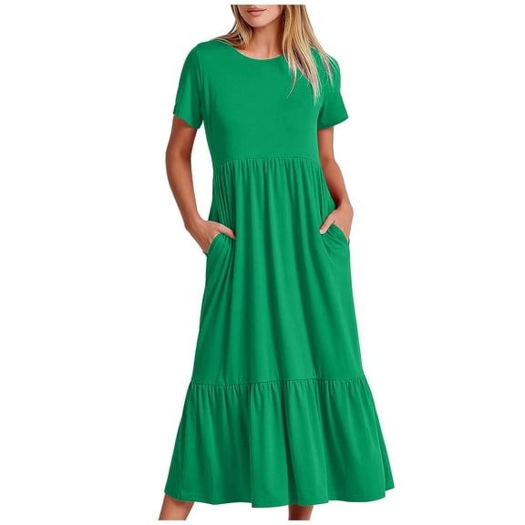LEKWK Casual Dresses for Women Short Sleeve V Neck Midi Dress Tiered Ruffle Hem A Line Dress Summer Dresses Solid Color Loose Fit Daily Work Vacation Wear