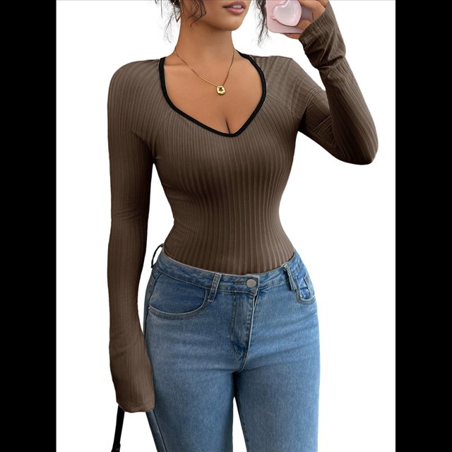 Camisetas Ajustadas con Cuello en Forma de Corazón para Mujer, Tops de Punto Acanalado con Mangas Largas Acampanadas Color Café XL