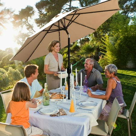 Sun Ray - 9' Round Solar Lighted Umbrella - Taupe