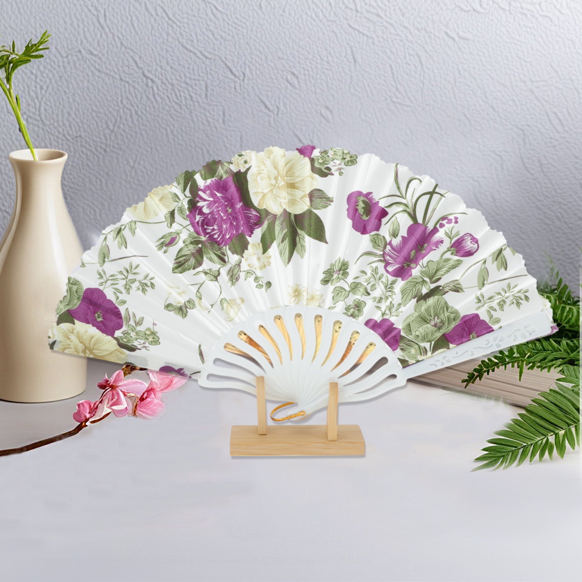 Unique Bargains Elegant Floral Design Folding Hand Fan Purple Green