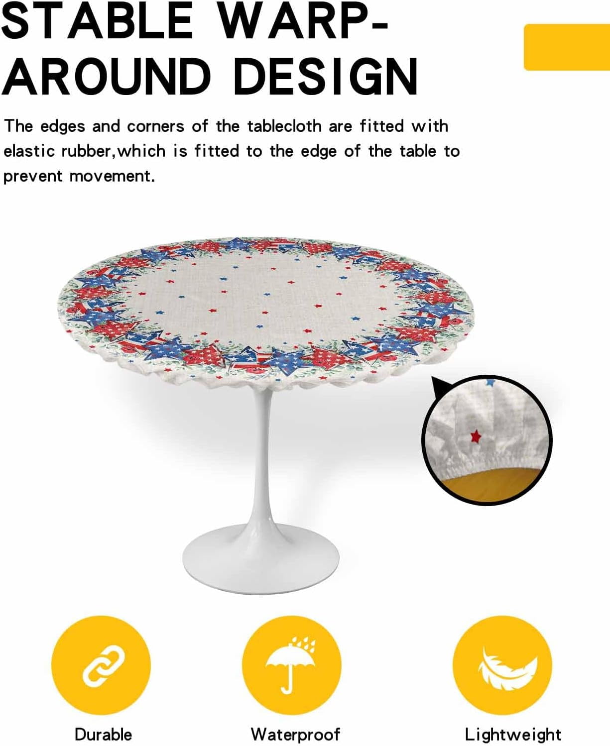 4th of July Round Tablecloth Fitted Table Cover, Elastic Tablecloths Waterproof Outdoor Indoor Stretch Cloth Tablecover for Dinner, Party, Shower, Retro Eucalyptus Star Patriotic Memorial Day 36-44IN