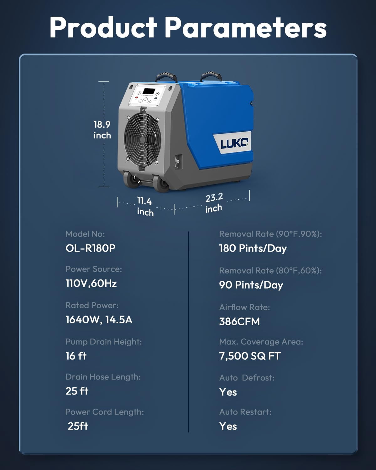 LUKO 180 Pint Commercial Dehumidifier with Pump & Drain, Rotational Molded Portable Industrial Dehumidifier for Basement and Spaces up to 7500 sq ft