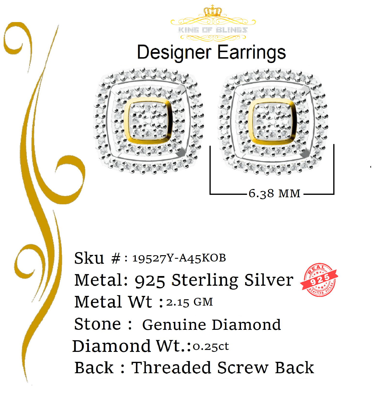 King of Bling's Aretes Para Hombre 925 Yellow Silver 0.25ct Diamond For Women's/ Men's Earrings