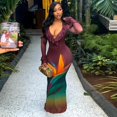 thumbnail image 3 of Women's Floral Color Spliced Ruffled Deep V-Neck Long Flare Sleeve Hips Wrapped Long Dress, 3 of 18