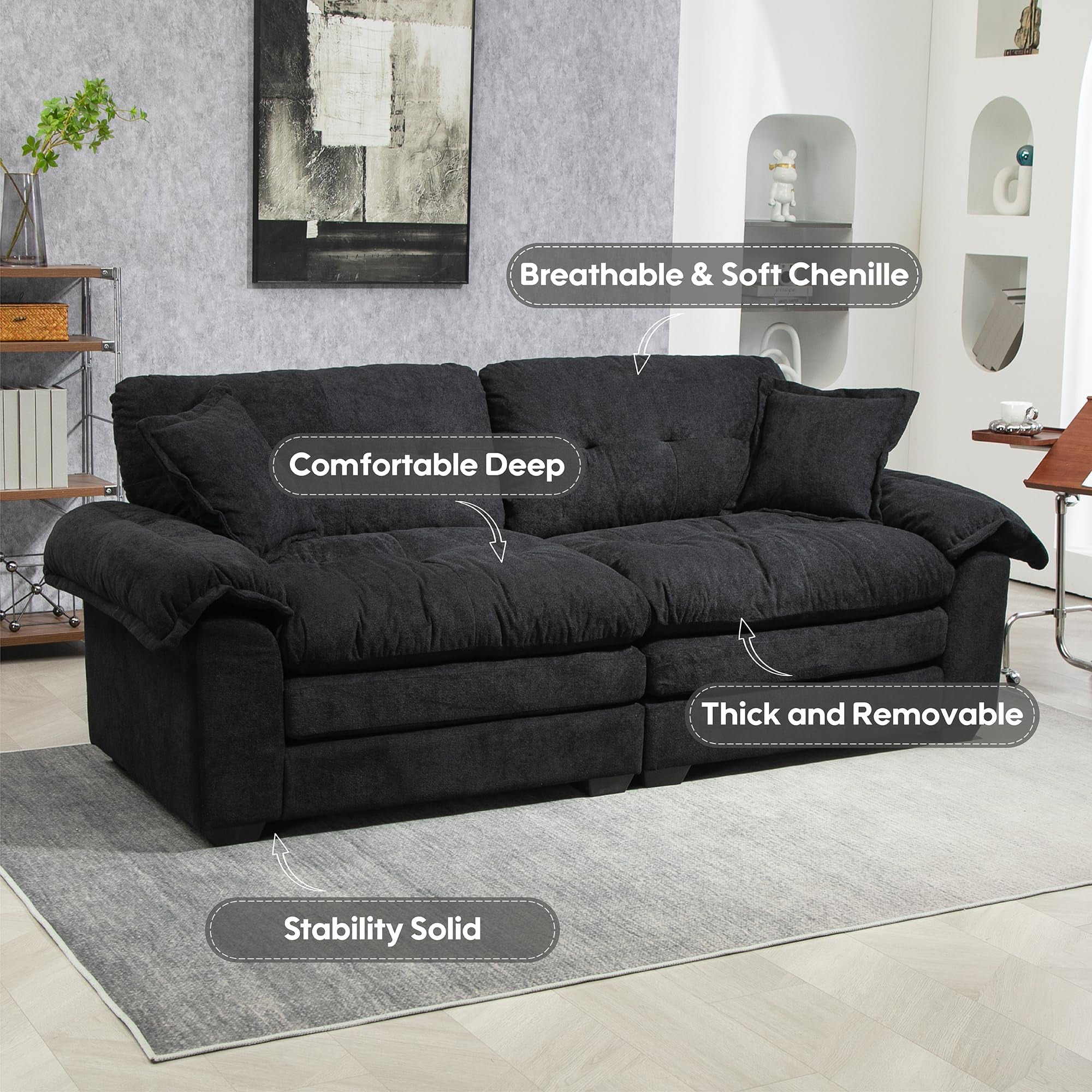 Modern 84" Chenille Loveseat Sofa, Ultra-Comfy Upholstered Couch with 2 Pillows for Apartment, Living Room, Bedroom, or Home Office​​ (Black)
