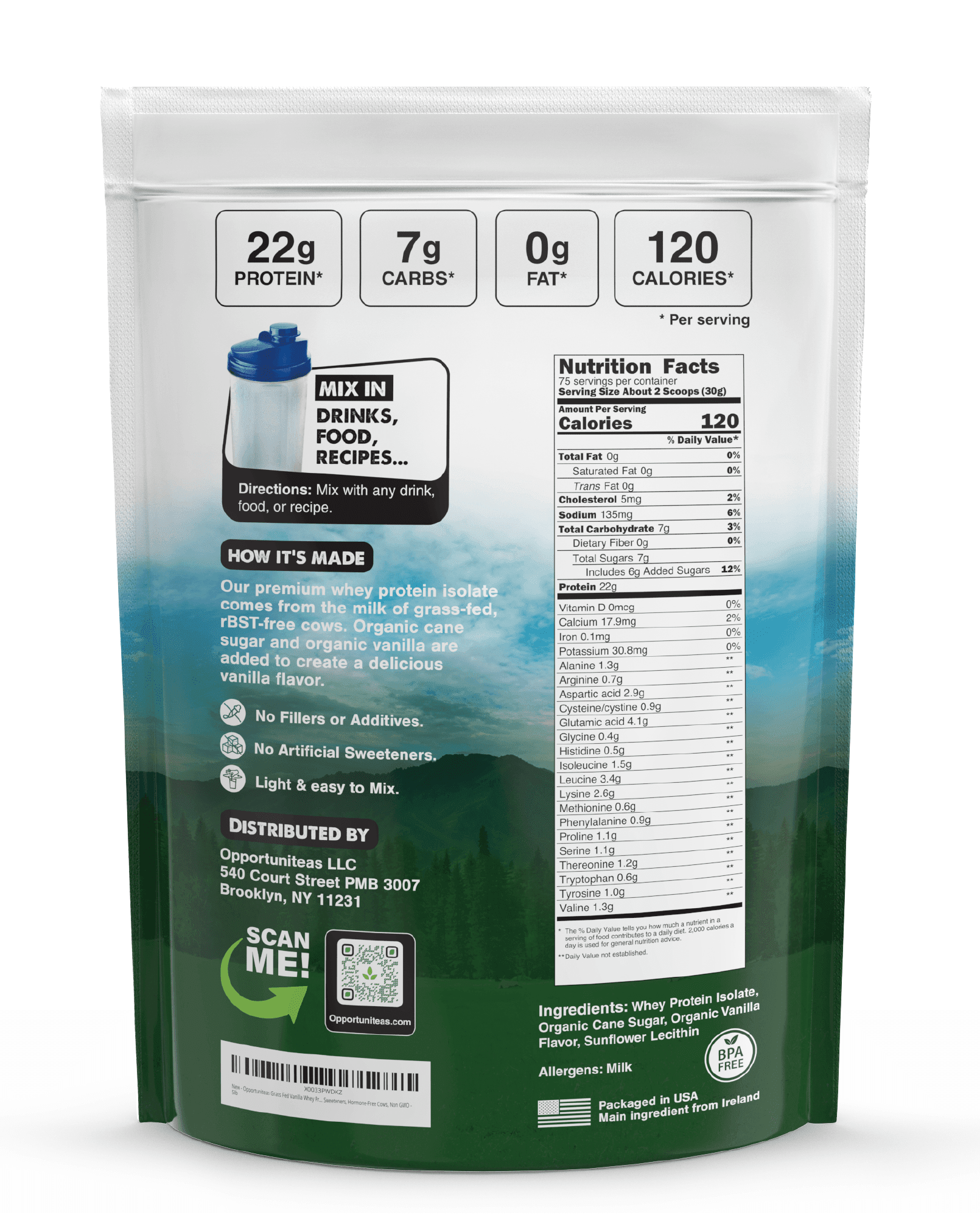 Opportuniteas Grass Fed Vanilla Whey Protein Isolate Powder , 22g Protein Powder Without Artificial Sweeteners, Hormone-Free Cows, Non GMO , 5 lbs