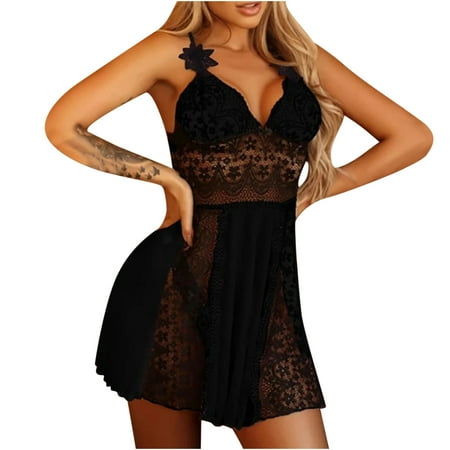HomeGardon Clearance Plus Size Lingerie for Women Patchwork Pattern Pajamas Sexy V Neck babydoll Chemises Lace Mesh Nightgown S-XXL