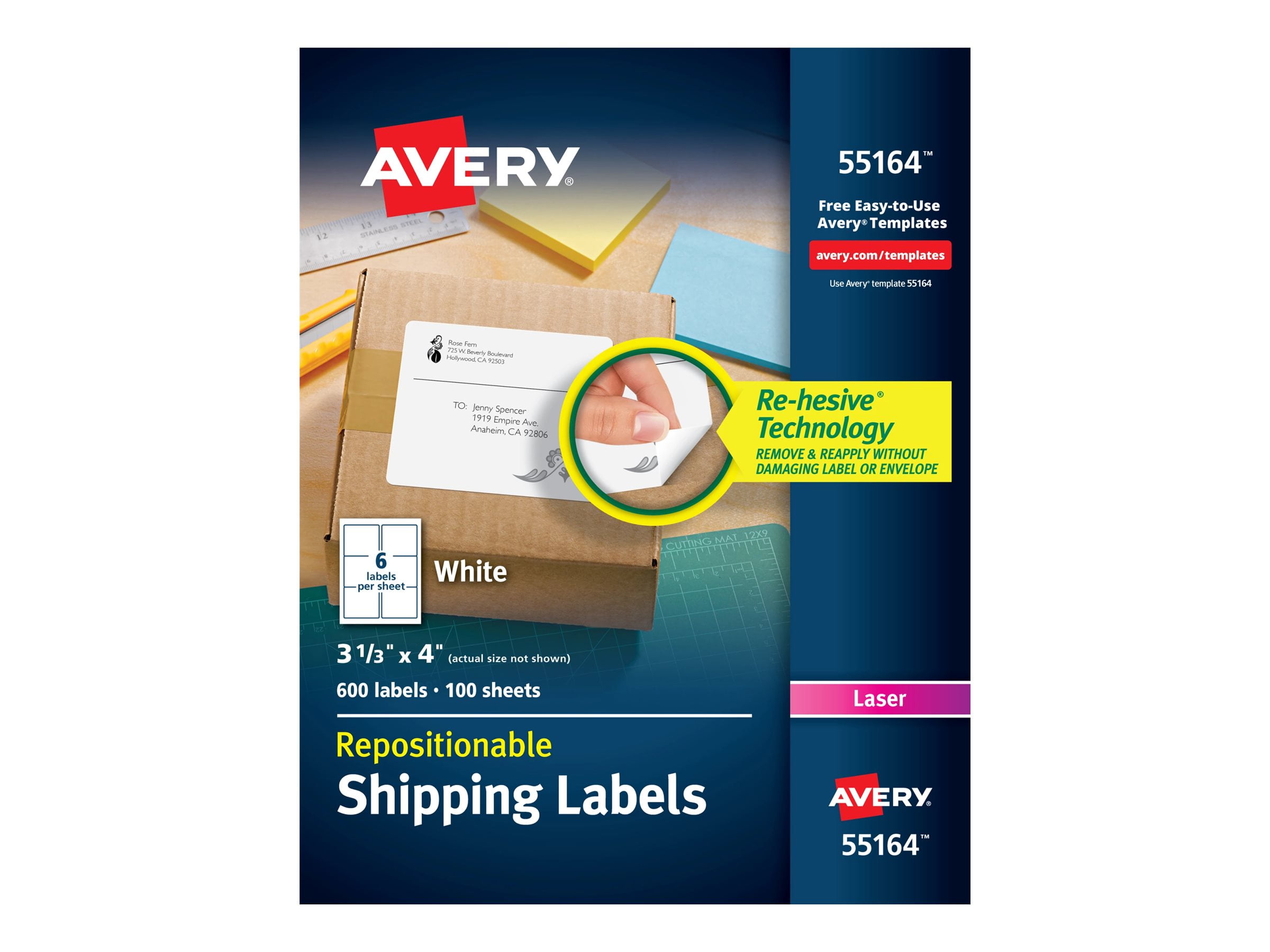 Avery - Repositionable adhesive - white - 3.3 in x 4 in 600 label(s) (100 sheet(s) x 6) shipping ...