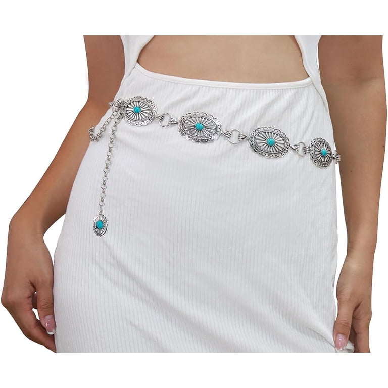 2 Pcs Turquoise Concho Chain Belt Adjustable Waist Belts for Women Western cobee Concho Chain Waist Belts for Women, Turquoise Western  main image 3