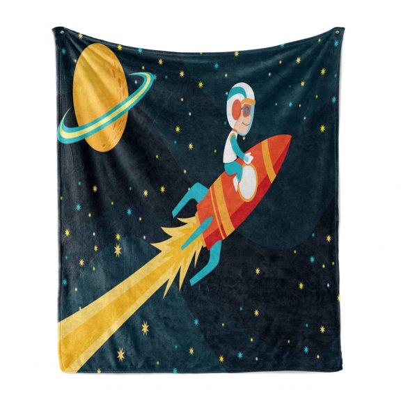 Rocket Soft Flannel Fleece Throw Blanket, Boy Riding Rocket in Space Childish Journey Exploring Universe Theme, Cozy Plush for Indoor and Outdoor Use, 70" x 90", Dark Petrol Blue Yellow, by Ambesonne