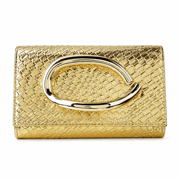 REMANLAND Women's Metallic Woven Texture Evening Handbag with Sculptural Oval Handle, Gold