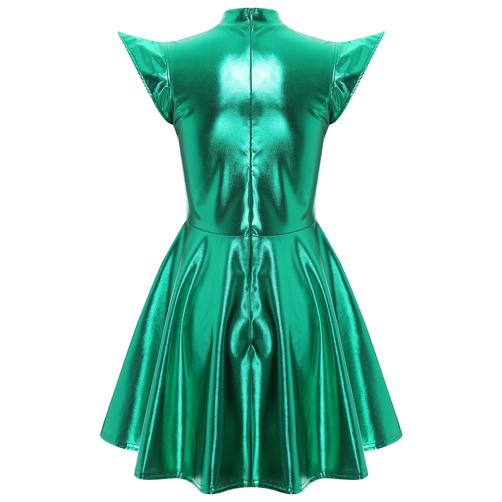 TiaoBug Women's Metallic Sleeveless Club Disco Holographic Dress Wet Look Pleated Dresses Green L
