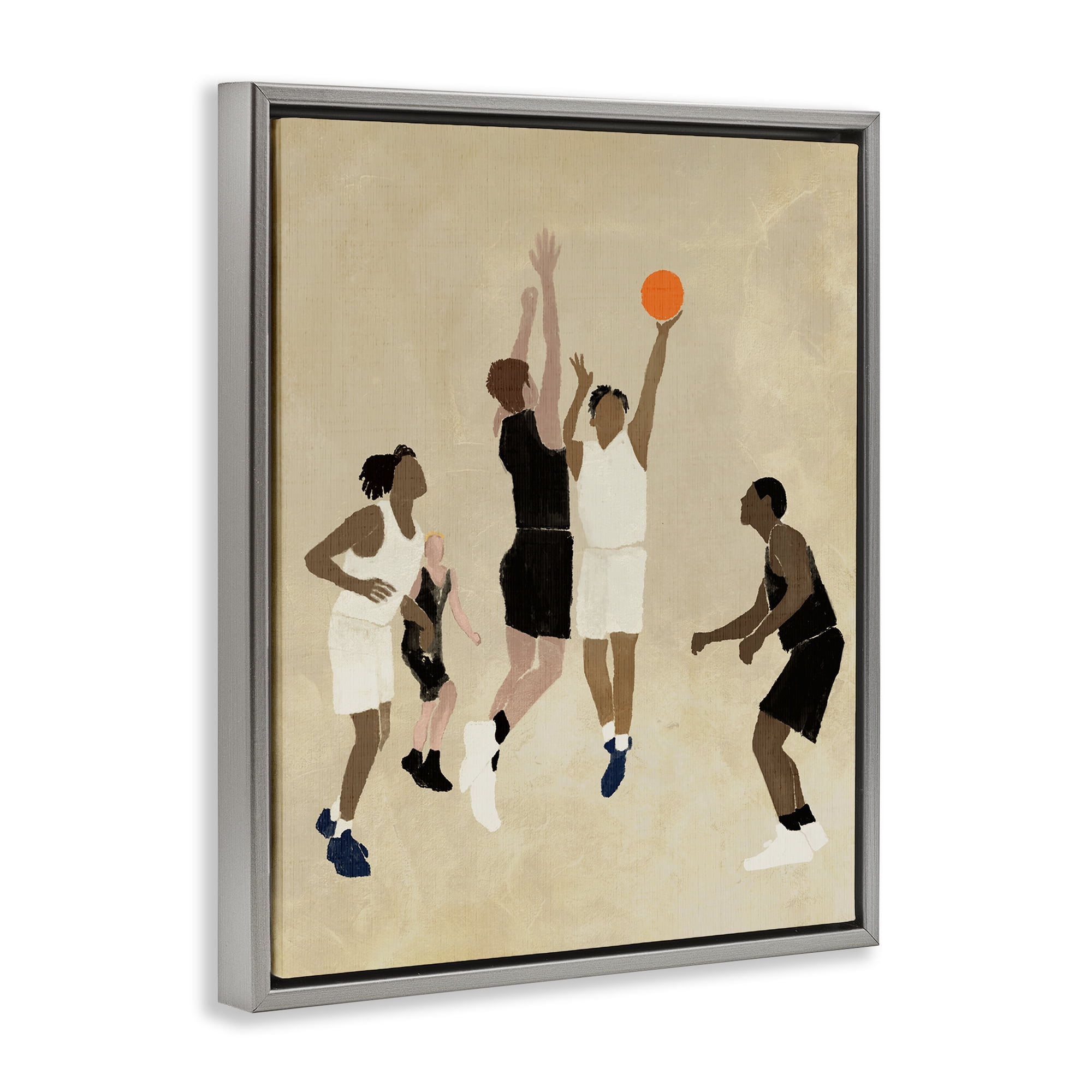 Stupell Industries Players with Basketball Sports Painting Gray Floater Framed Canvas Art Print Wall Art, 25 x 31