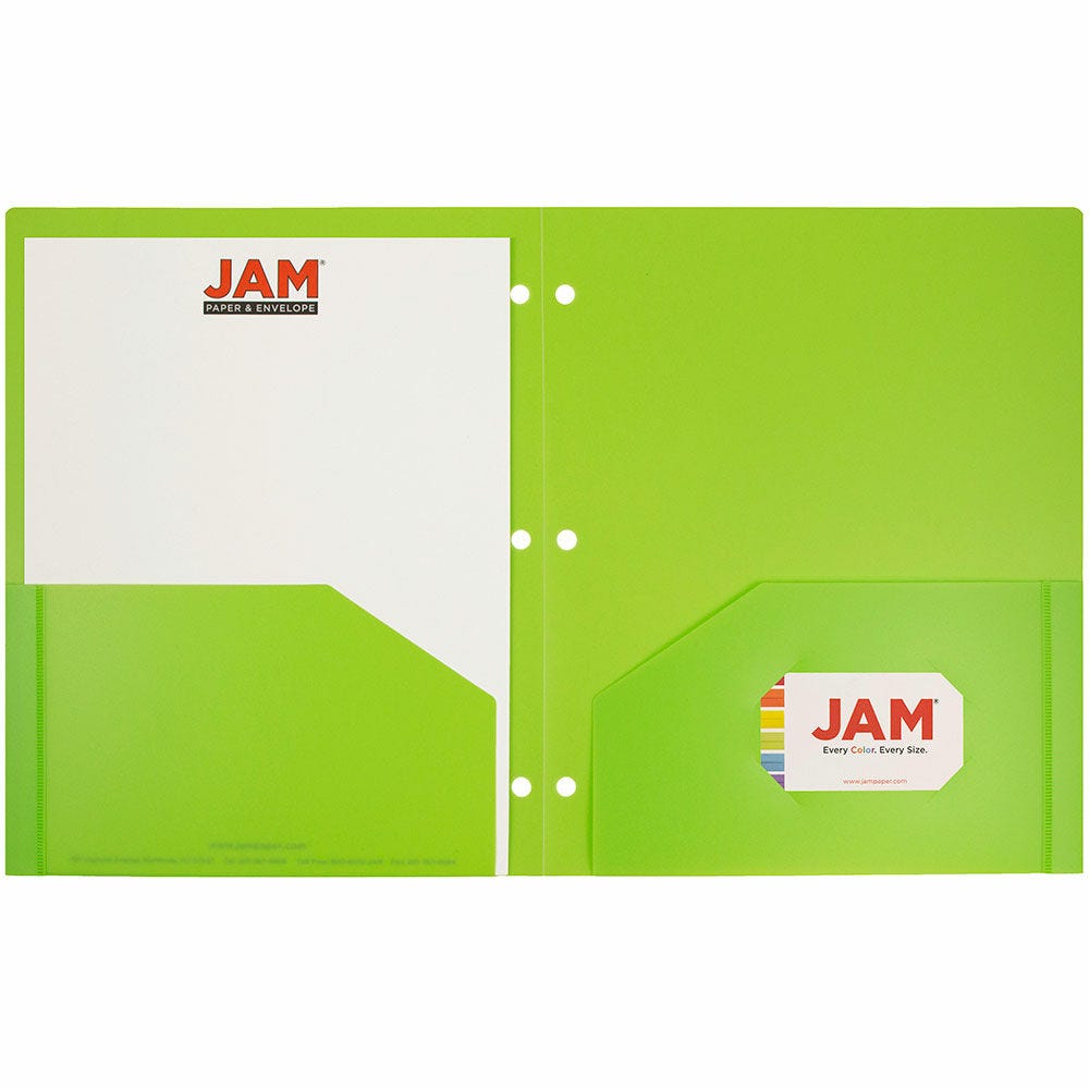 JAM Paper Heavy Duty Plastic 3 Hole Punch Pocket Folders, Extra Tough, Lime Green, Bulk 48/Pack