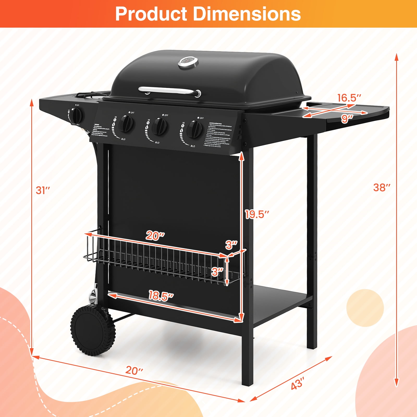Gymax 39000 BTU Outdoor Cooking Grill w/ Storage Shelves & Porcelain-Enameled Grates