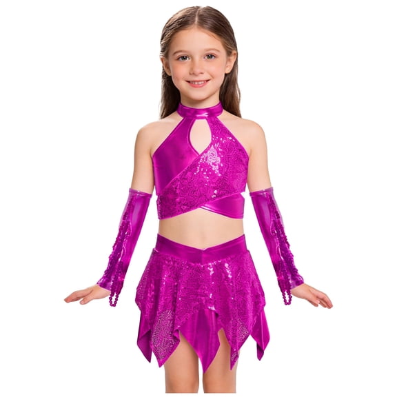 inlzdz Girls Sequin 3 Piece Dance Outfits Halter Crop Top with Skirt Gloves Set Jazz Latin Ballroom Dancewear Hot Pink 12