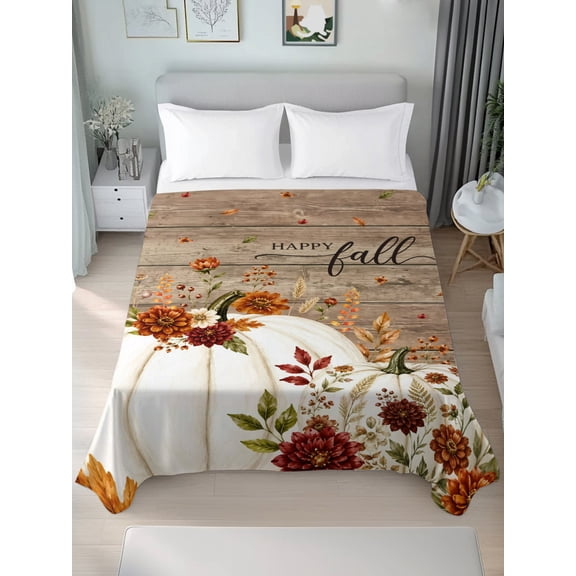 Twin Flat Sheet Only Fall Thanksgiving White Pumpkins Soft Microfiber Cooling Bedding Sheets Rustic Flower Wood Grain Flat Bed Sheet for Hotel,Home Decor