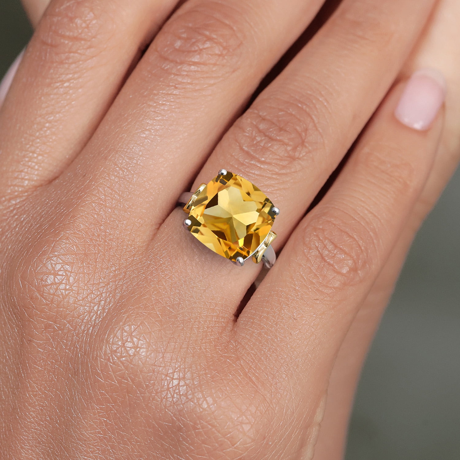 Gem Stone King 925 Silver and 10K Yellow Gold Yellow Citrine Solitaire Engagement Ring for Women | 6.50 Cttw | Cushion 12MM | Gemstone November Birthstone | Size 9