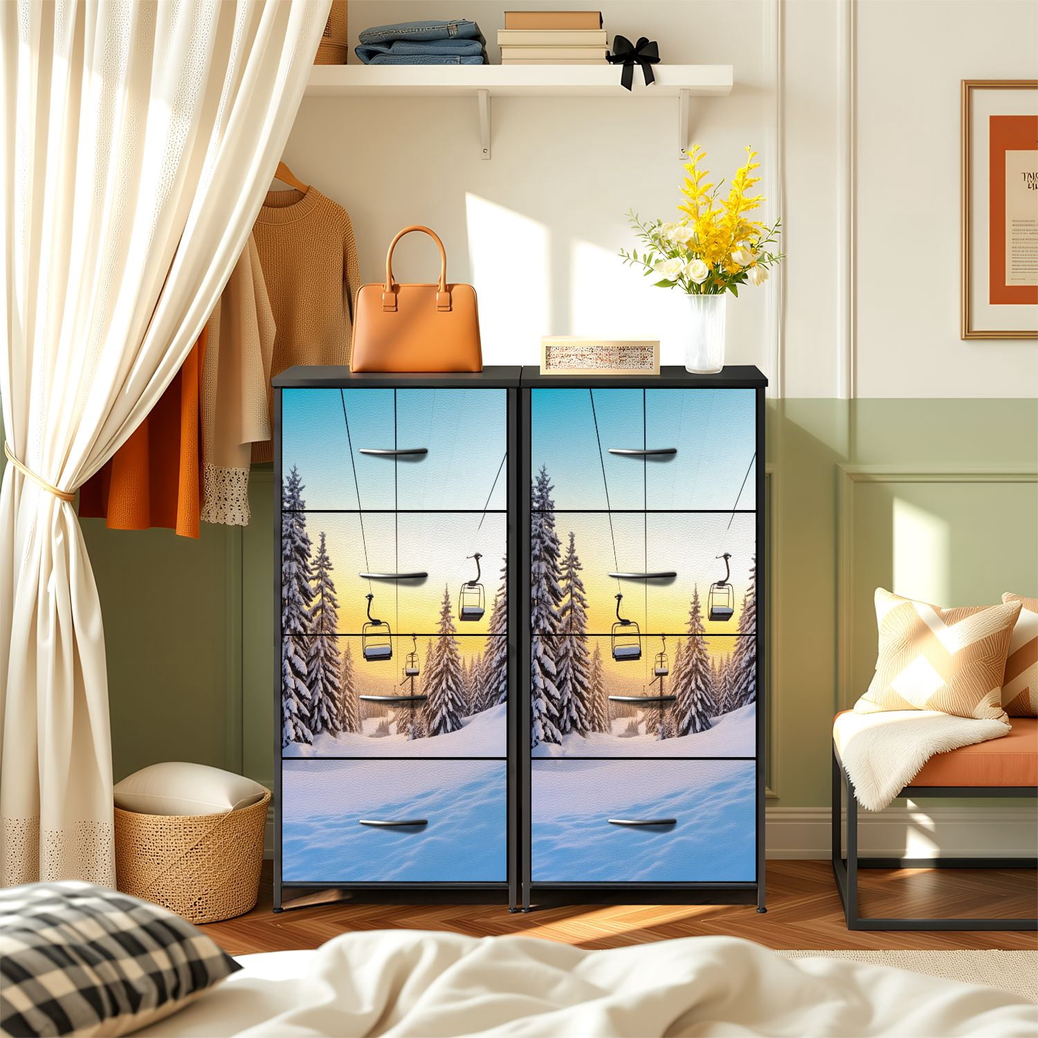 Dresser for Bedroom with 4 Storage Drawers Winter mountains panorama ski slopes ski lifts Dressers Chest of Drawers Steel Framed Fabric Closet Organizers for Dorm Entryway