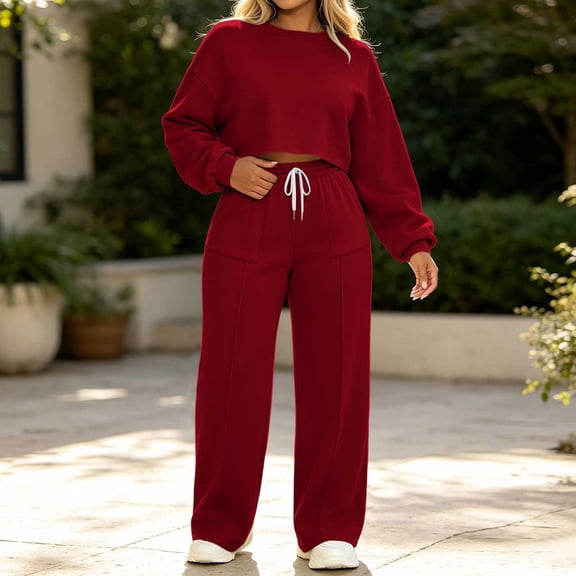BRELIL Women Two Piece Set Long Sleeve Crop Top Wide Leg Drawstring Elastic Waist Casual Lounge Matching Outfits Solid Basic Tracksuit Travel Vacation, Wine S