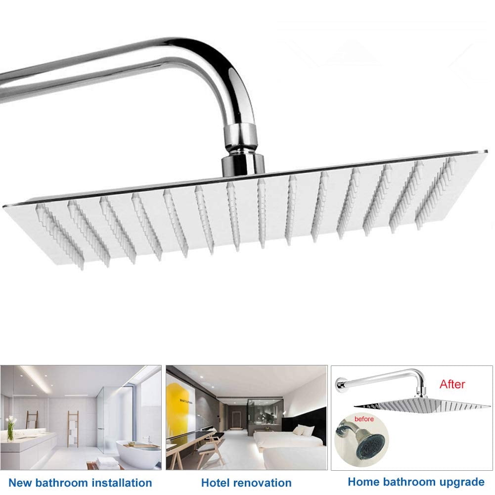 Shower Head, 12'' Stainless Steel Rainfall Shower  Rain Square Ultra-Slim Shower  (No Arm Included)