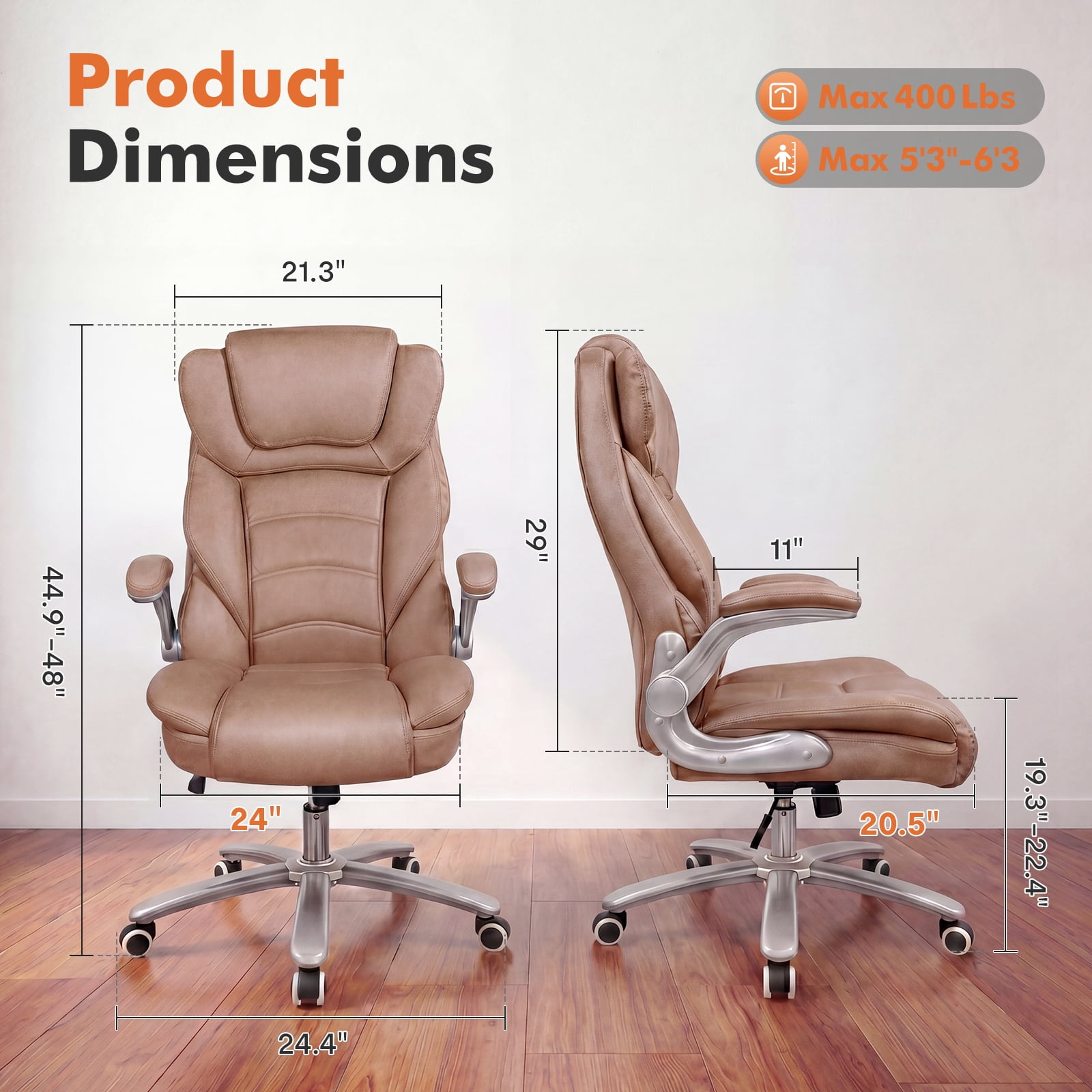 iooHug Big and Tall Office Chair 400lbs, Ergonomic Desk Chair with Lumbar Support, Flip-Up Arms, Faux Leather High Back Computer Chair for Home Office, Brown